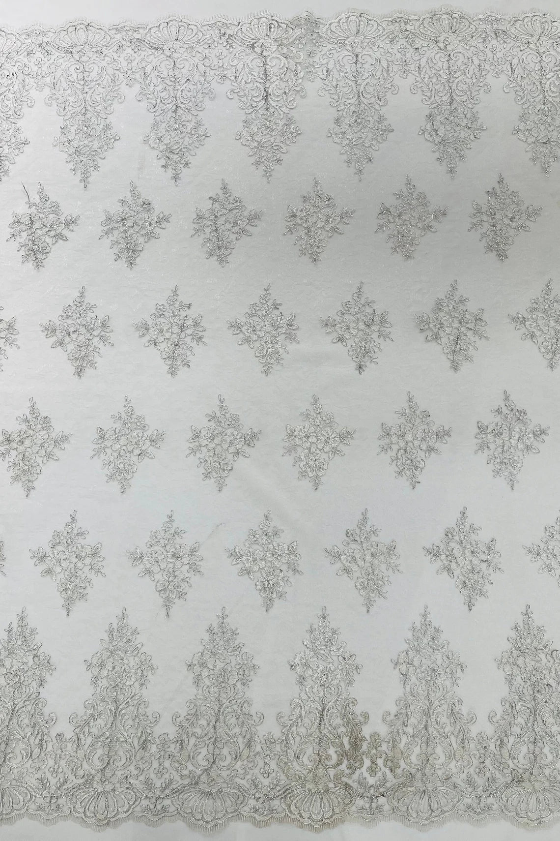 Damask Border Corded Lace - Silver / White Metallic - Floral Cluster Design Damask Border on Lace Fabric Yard