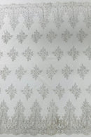 Damask Border Corded Lace - Silver / White Metallic - Floral Cluster Design Damask Border on Lace Fabric Yard
