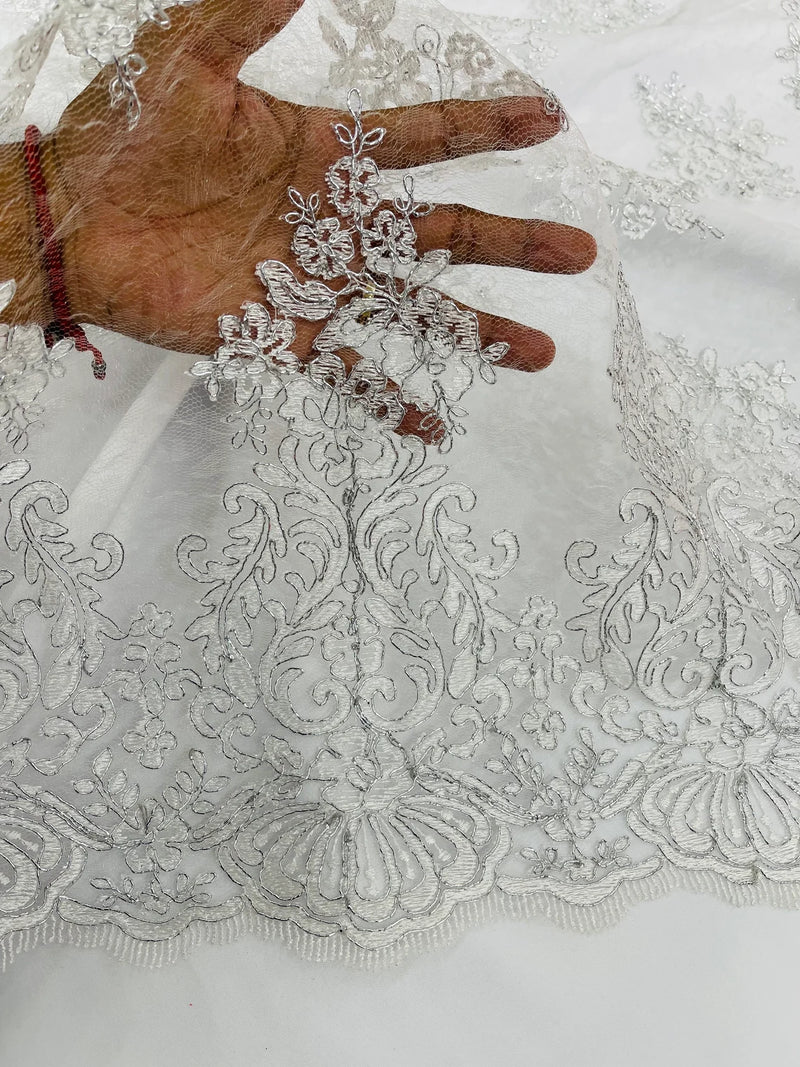 Damask Border Corded Lace - Silver / White Metallic - Floral Cluster Design Damask Border on Lace Fabric Yard