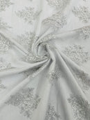 Damask Border Corded Lace - Silver / White Metallic - Floral Cluster Design Damask Border on Lace Fabric Yard