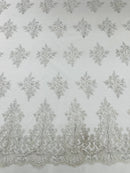 Damask Border Corded Lace - Silver / White Metallic - Floral Cluster Design Damask Border on Lace Fabric Yard