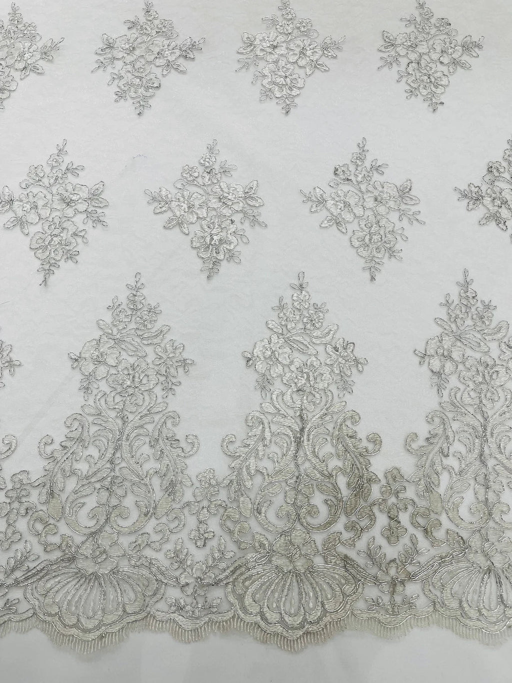 Damask Border Corded Lace - Silver / White Metallic - Floral Cluster Design Damask Border on Lace Fabric Yard