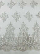 Damask Border Corded Lace - Silver / White Metallic - Floral Cluster Design Damask Border on Lace Fabric Yard