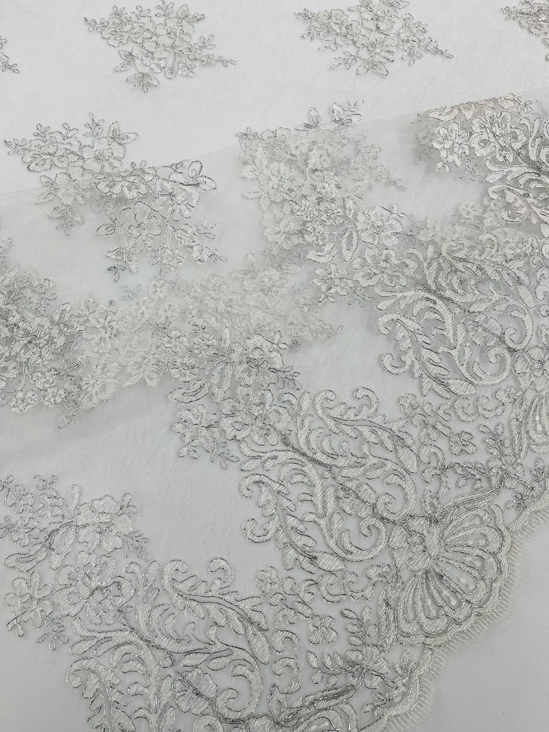Damask Border Corded Lace - Silver / White Metallic - Floral Cluster Design Damask Border on Lace Fabric Yard