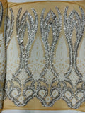 Damask Palm Leaf Design - Silver / White on Nude - 4 Way Stretch Sequin Fabric on Mesh Sold By Yard
