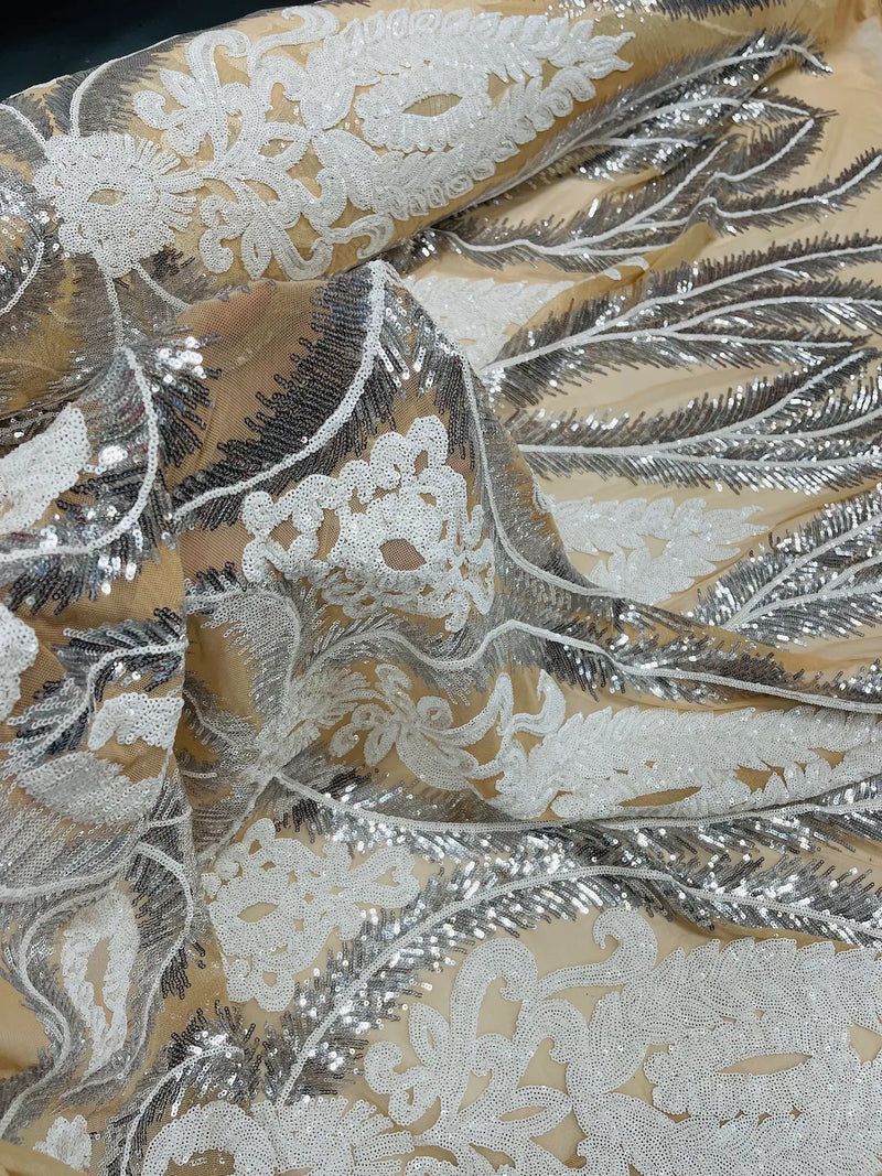 Damask Palm Leaf Design - Silver / White on Nude - 4 Way Stretch Sequin Fabric on Mesh Sold By Yard