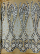 Damask Palm Leaf Design - Silver / White on Nude - 4 Way Stretch Sequin Fabric on Mesh Sold By Yard
