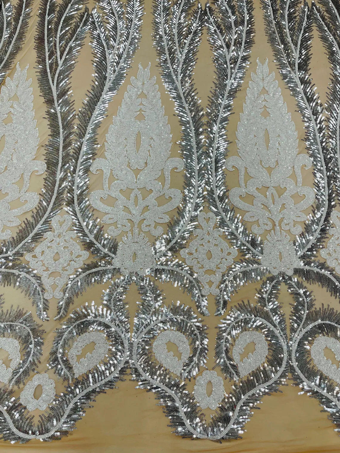Damask Palm Leaf Design - Silver / White on Nude - 4 Way Stretch Sequin Fabric on Mesh Sold By Yard