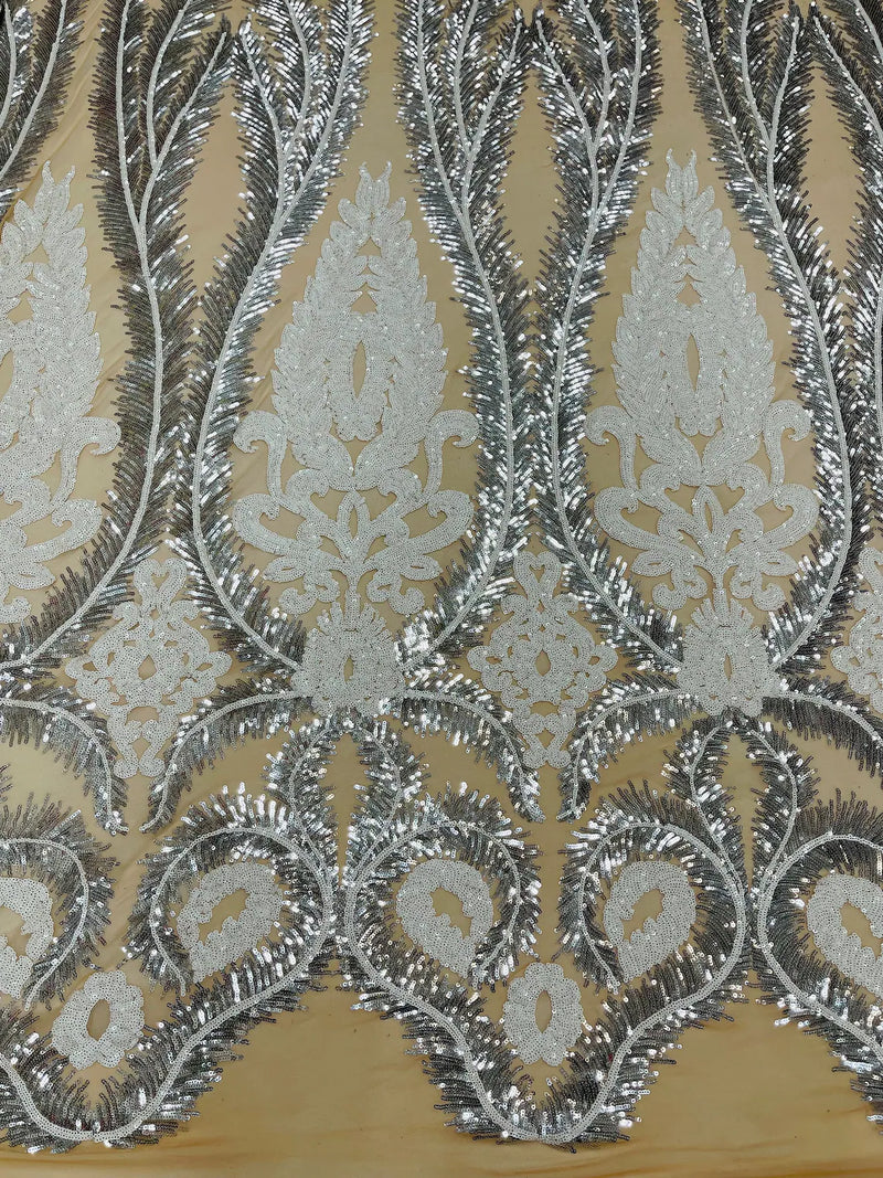 Damask Palm Leaf Design - Silver / White on Nude - 4 Way Stretch Sequin Fabric on Mesh Sold By Yard