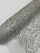 Mermaid Glitter Design - Silver - Tulle Mesh with Mermaid Tail Glitter Design Sold By Yard