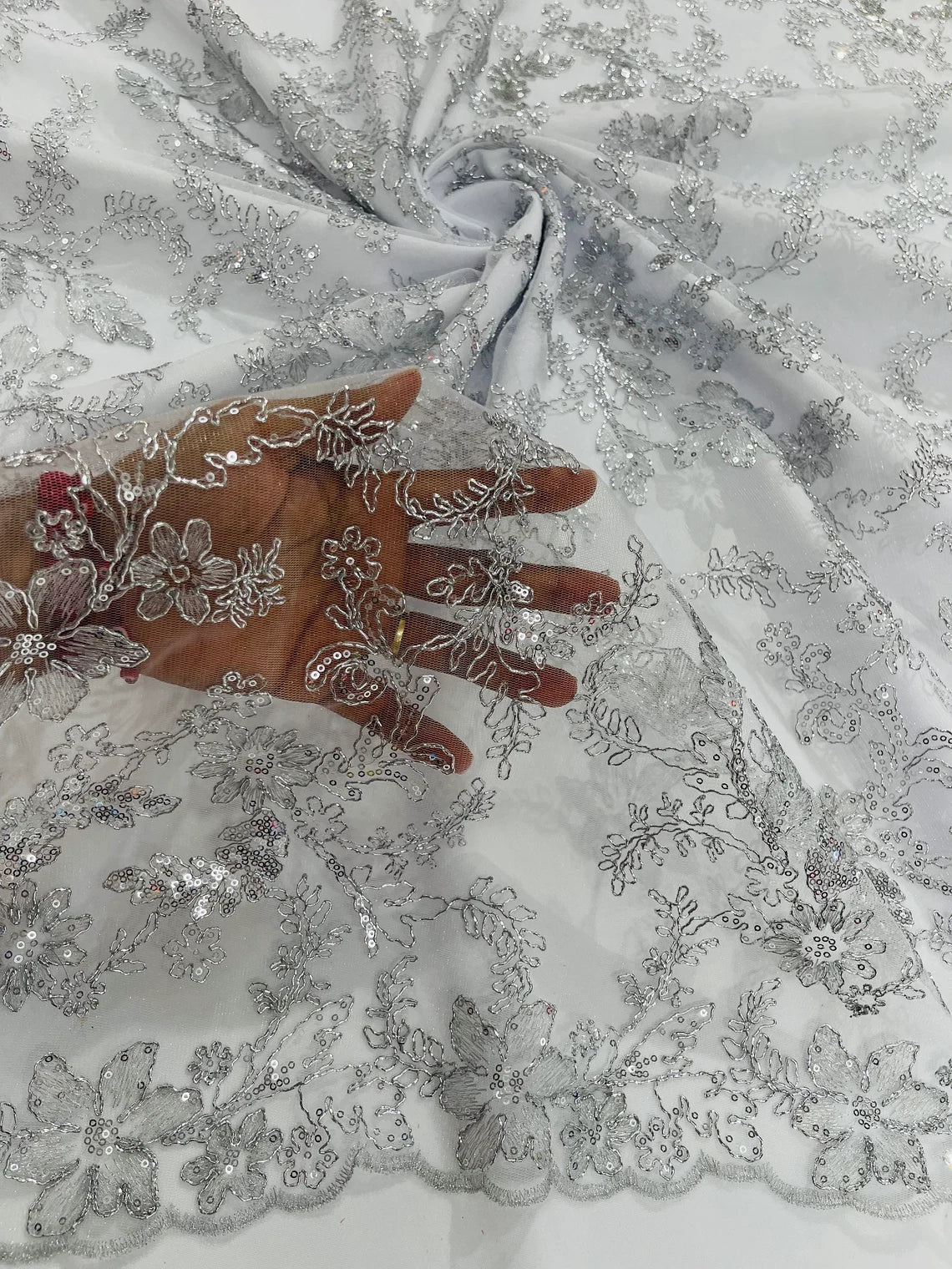 Floral Metallic Lace Fabric - Silver - Corded Embroidered Floral Sequins Fabric by Yard