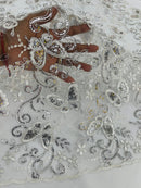 Butterfly Sequins Fabric - Silver - Metallic Floral Butterfly Design on Lace Fabric By Yard