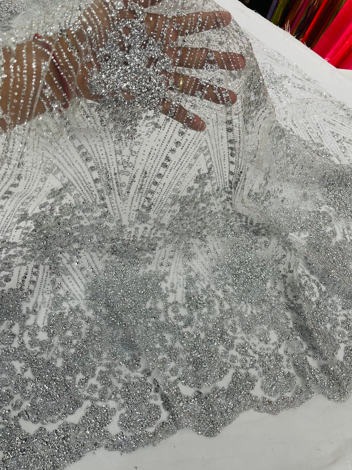 Damask Glitter Fabric - Silver - Geometric Glitter Design Fabric on Mesh by Yard