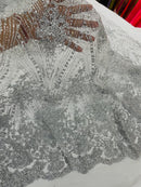 Damask Glitter Fabric - Silver - Geometric Glitter Design Fabric on Mesh by Yard