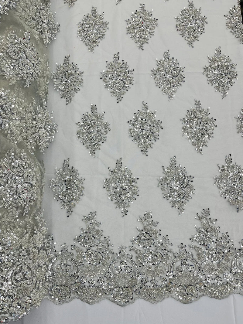 Heavy Beaded Floral Fabric - Silver - Luxury Heavy Duty Bead Bridal Floral Cluster Lace Fabric by the yard