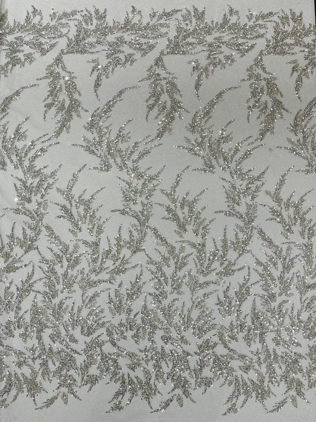 Leaf Plant Glitter Design Fabric - Silver - Beaded Embroidered Leaves Design on Mesh By Yard