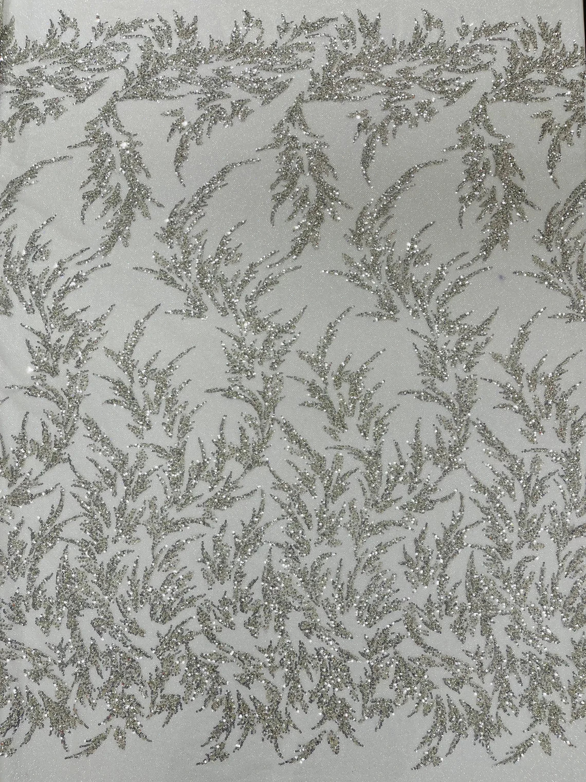 Leaf Plant Glitter Design Fabric - Silver - Beaded Embroidered Leaves Design on Mesh By Yard