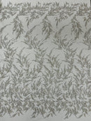 Leaf Plant Glitter Design Fabric - Silver - Beaded Embroidered Leaves Design on Mesh By Yard