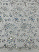 Corded Lace Floral Fabric - Silver - Hologram Sequins Metallic Thread Floral Fabric by Yard
