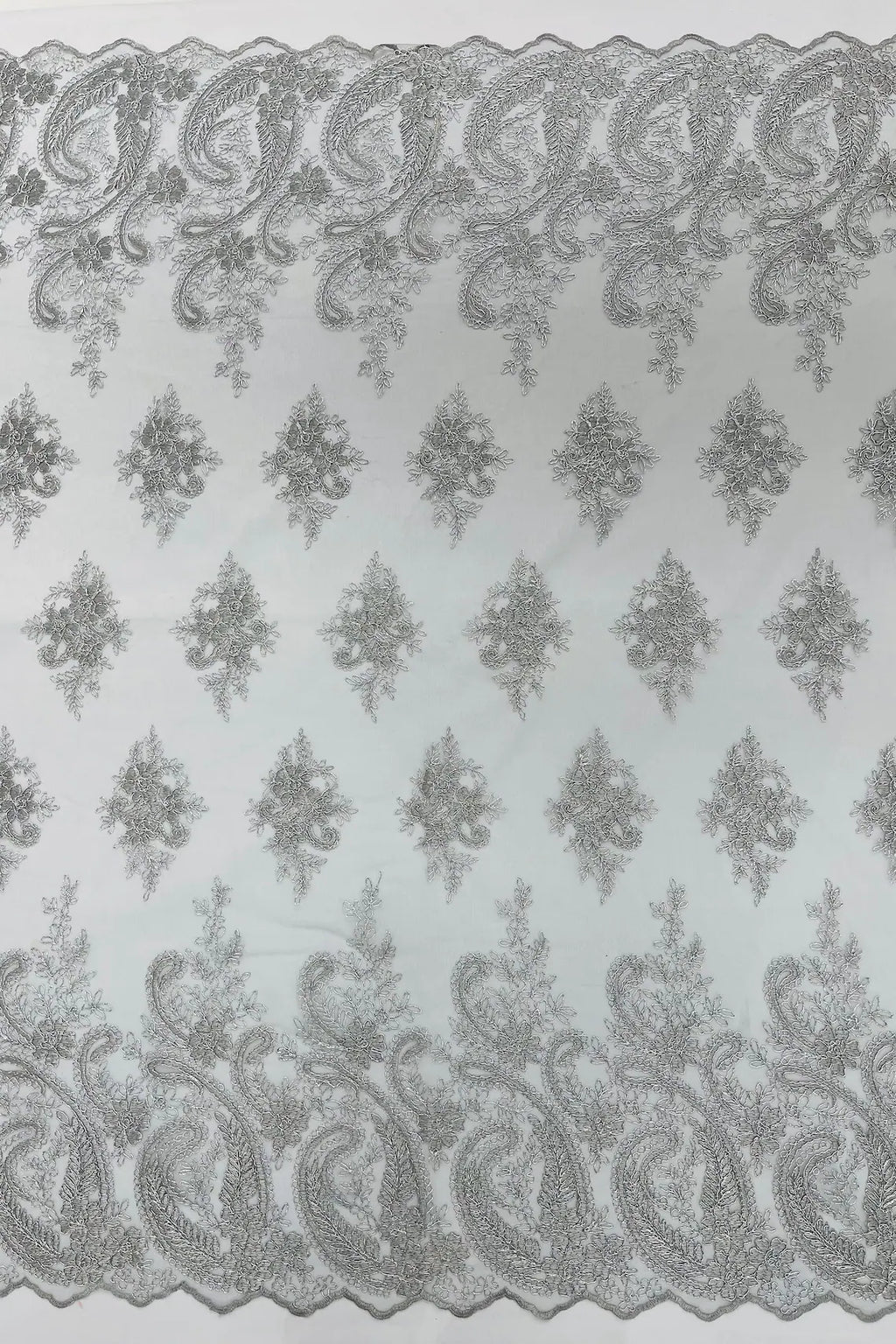 Metallic Corded Lace - Silver - Paisley Floral Fabric with Metallic Thread on a Mesh Lace By Yard