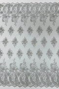 Metallic Corded Lace - Silver - Paisley Floral Fabric with Metallic Thread on a Mesh Lace By Yard