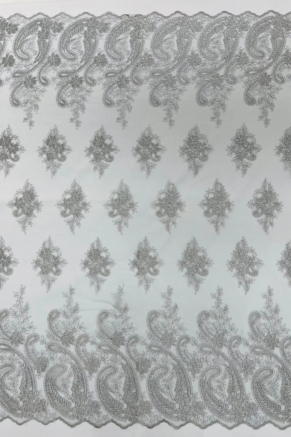 Metallic Corded Lace - Silver - Paisley Floral Fabric with Metallic Thread on a Mesh Lace By Yard