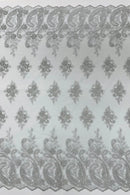 Metallic Corded Lace - Silver - Paisley Floral Fabric with Metallic Thread on a Mesh Lace By Yard