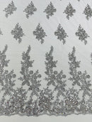Beaded Rose Flower Fabric - Silver - Embroidered Beaded Long Border Floral Fabric By Yard