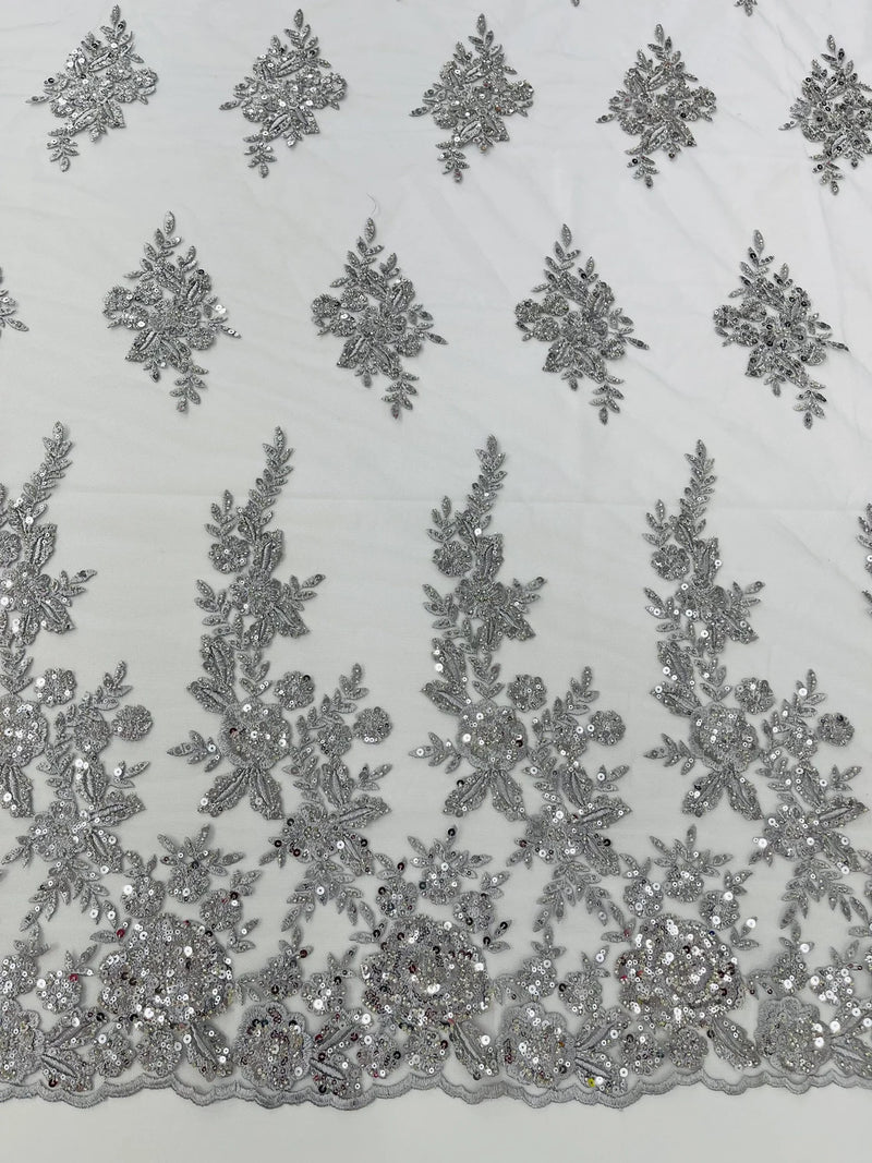 Beaded Rose Flower Fabric - Silver - Embroidered Beaded Long Border Floral Fabric By Yard