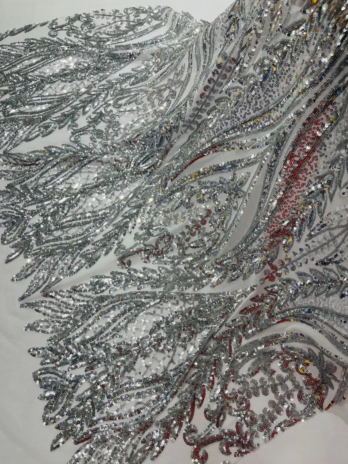 Mermaid Design Sequins Fabric - Silver - Sequins Fabric 4 Way Stretch on Mesh By Yard