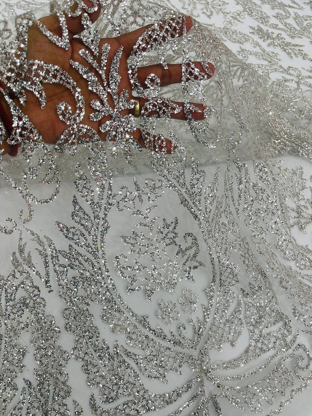 Fancy Damask Glitter Design - Burgundy - Tulle Mesh with Fancy Damask Designs Sold By Yard
