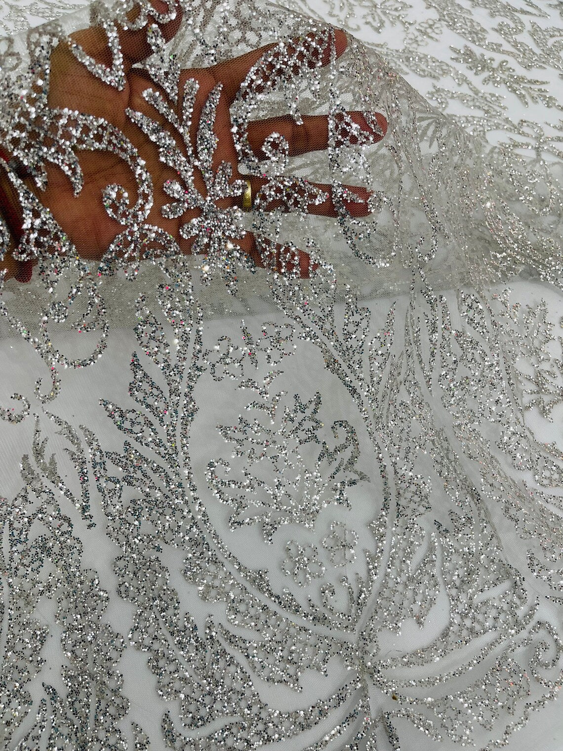 Fancy Damask Glitter Design - Burgundy - Tulle Mesh with Fancy Damask Designs Sold By Yard