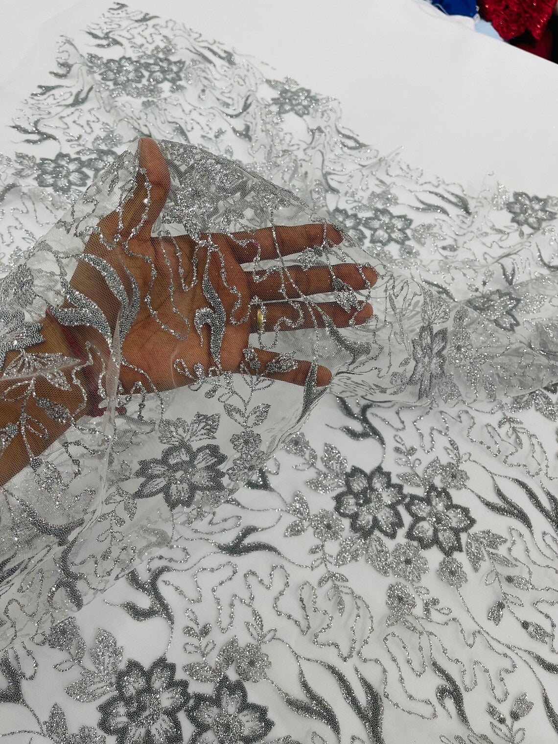 Flower Glitter Fabric - Silver - 3D Floral Tulle Fabric for Wedding, Quinceañera By Yard