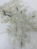 Peacock Feathers Lace Fabric - Silver - Peacock Feather Design on Lace Mesh Fabric Sold by Panel