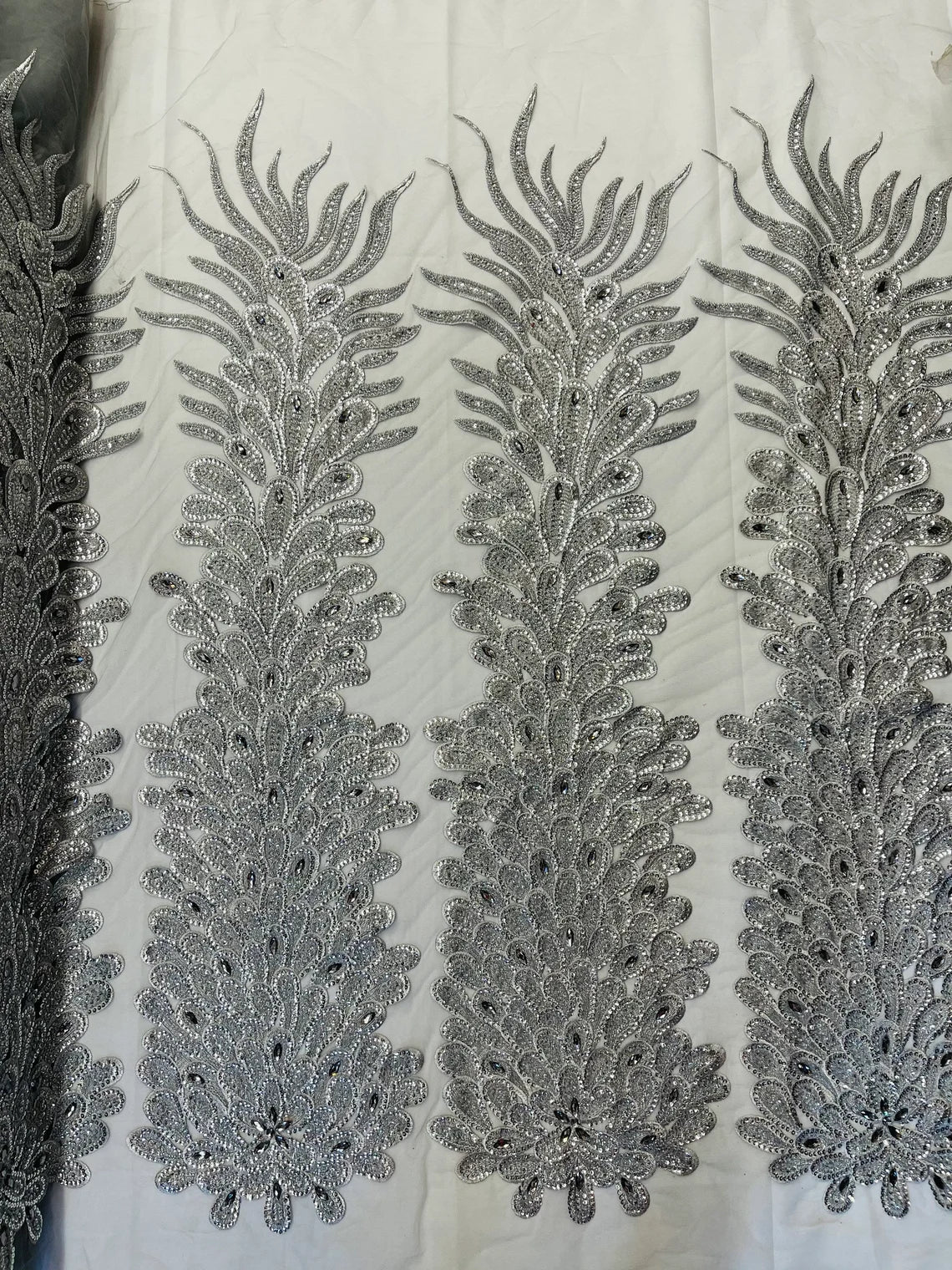 3D Beaded Peacock Feathers - Vegas Design Embroidered Sequins and Beads On a Mesh Lace Fabric - 15 Yard Roll