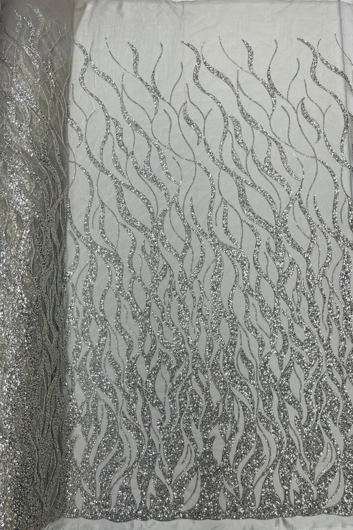 Fire Flames Design Bead Fabric - Silver - Beaded Embroidered Fire Pattern Fabric By Yard