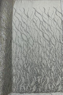 Fire Flames Design Bead Fabric - Silver - Beaded Embroidered Fire Pattern Fabric By Yard