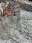 Wavy Design Beaded Fabric - Silver - Beaded Wavy Leaf Embroidered Fabric By Yard