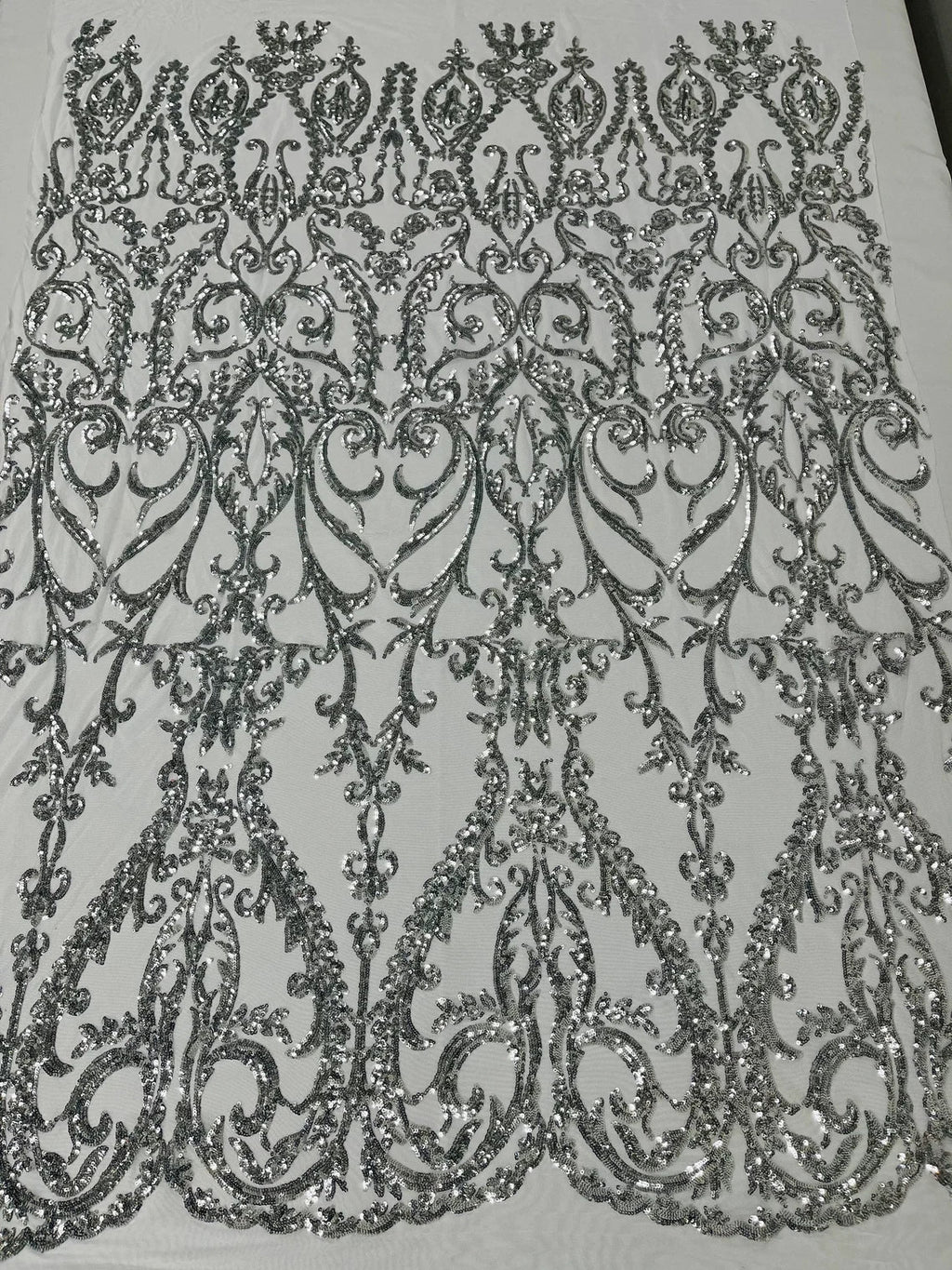 4 Way Stretch - Silver - Sequins Damask Design Fabric Embroidered On Mesh Sold By The Yard