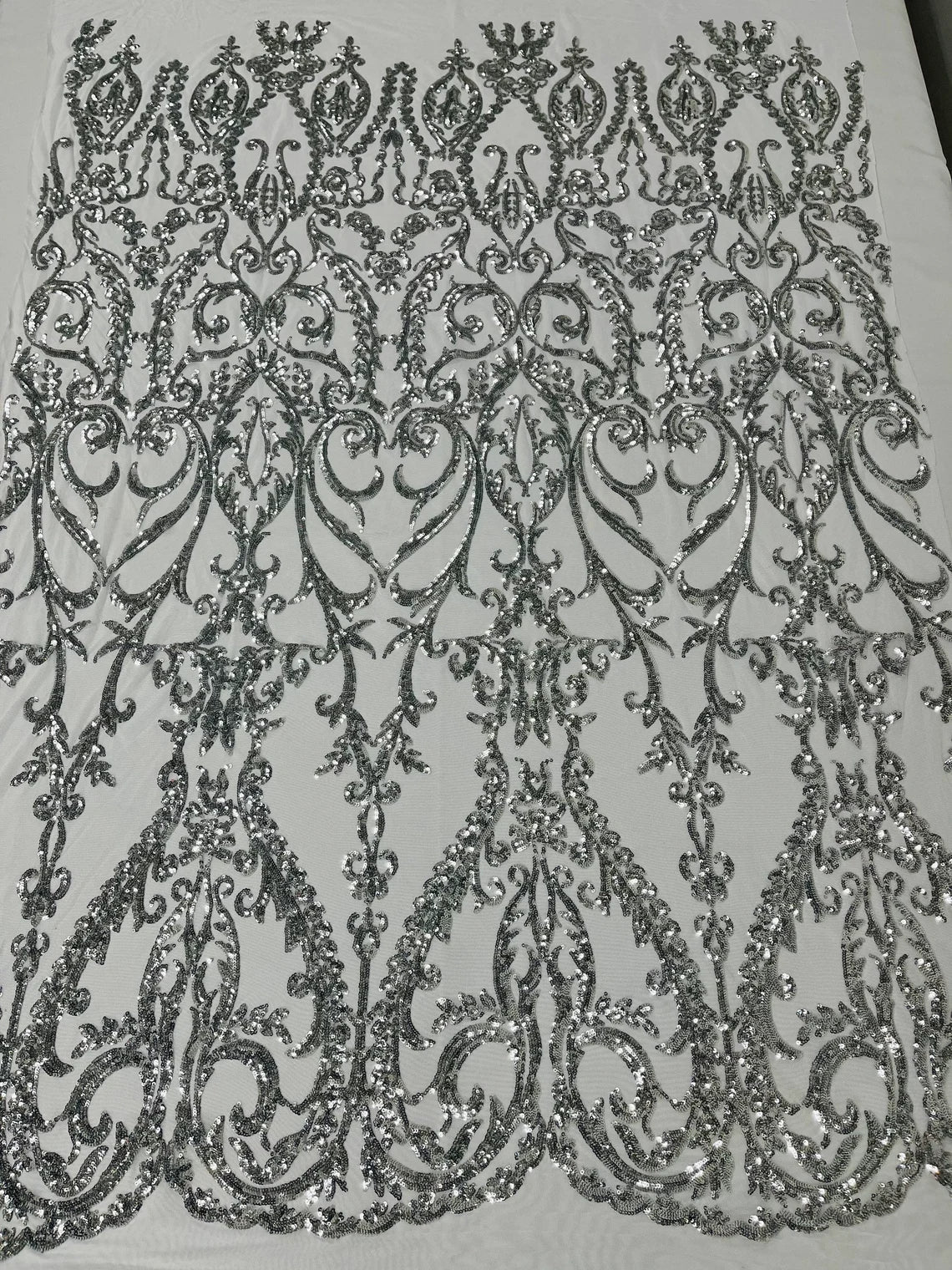 4 Way Stretch - Silver - Sequins Damask Design Fabric Embroidered On Mesh Sold By The Yard