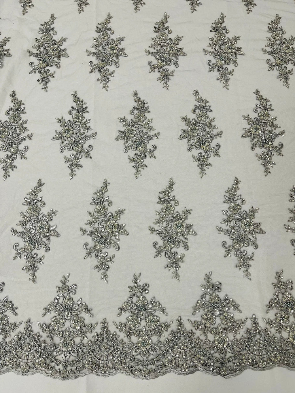 Beaded Shiny Floral Cluster - Silver - Embroidered Luxury Floral Design by Yard