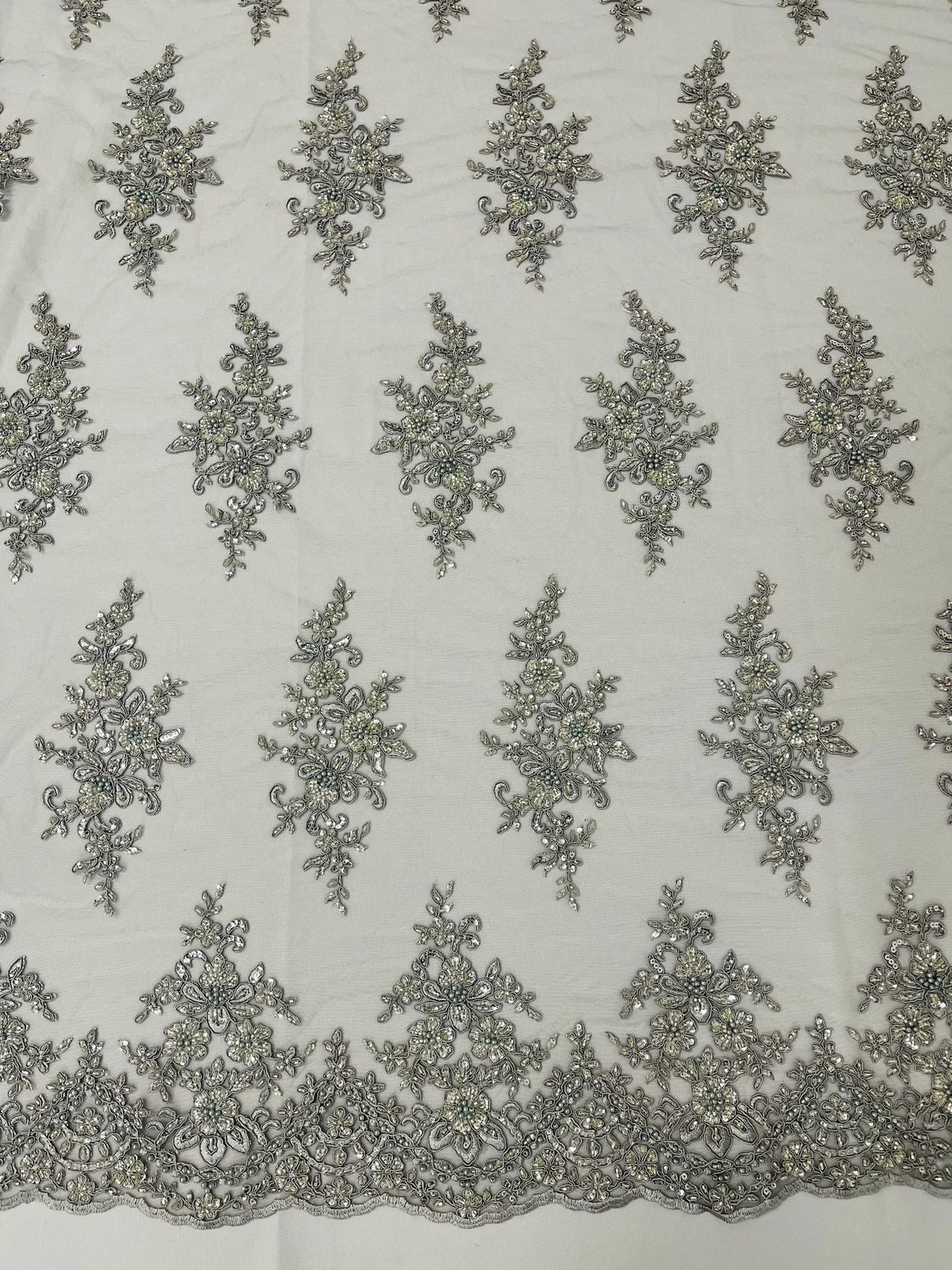 Beaded Shiny Floral Cluster - Silver - Embroidered Luxury Floral Design by Yard
