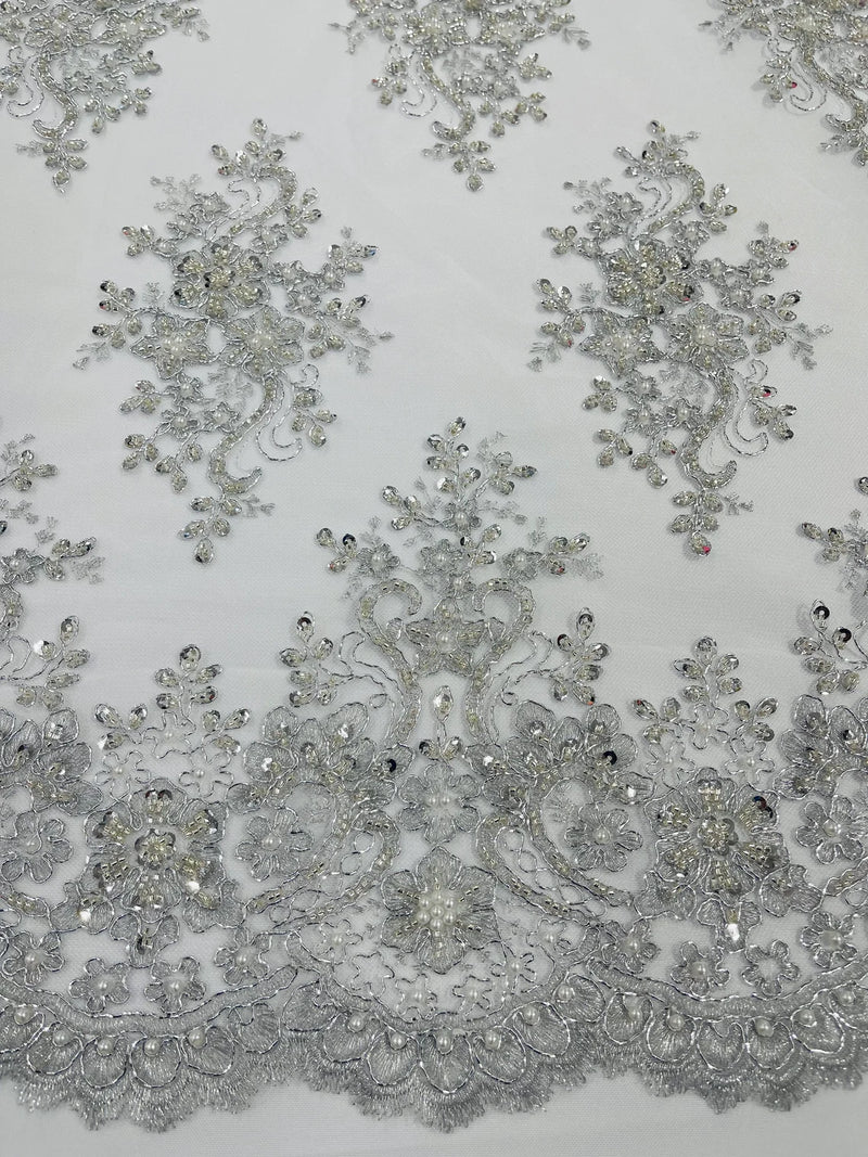 Floral Pearl Bead Fabric - Silver - Flower Design with Beads and Sequins Fabric Sold By Yard