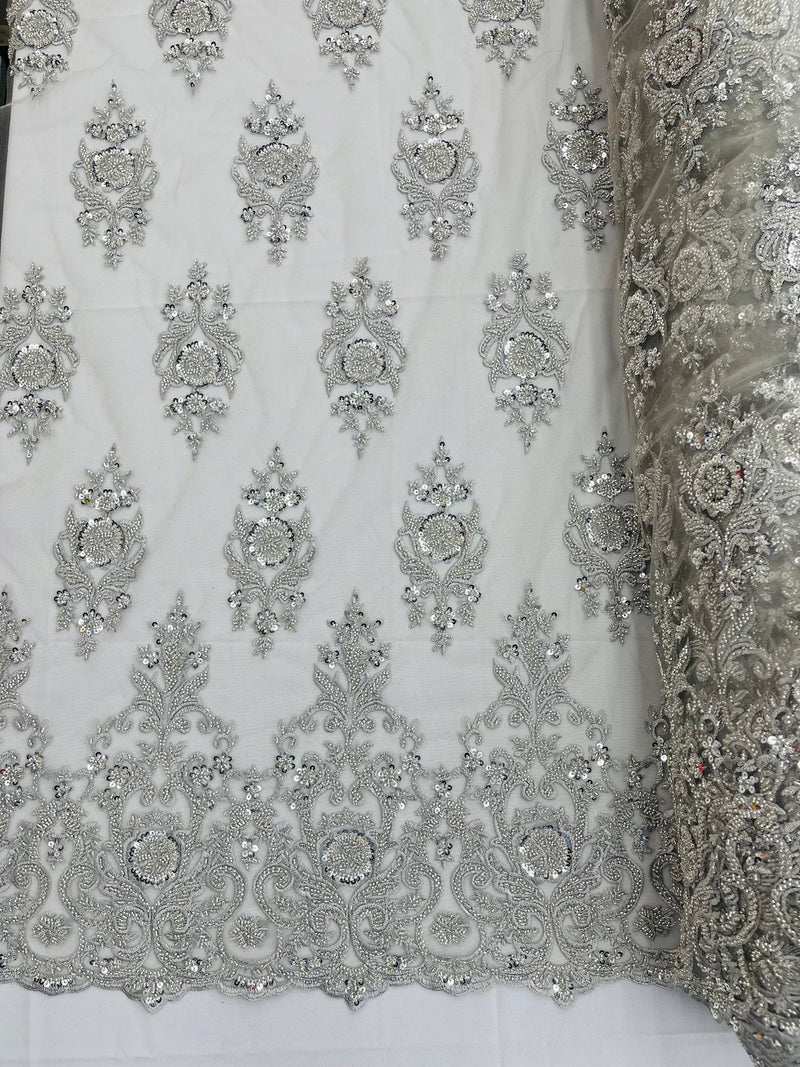 Floral Bead Embroidery Fabric - Silver - Damask Floral Bead Bridal Lac