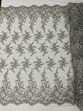 Beaded Floral Cluster - Silver - Fancy Embroidered Glamorous Floral Design Sold by Yard