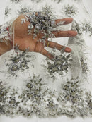 Beaded Flower Cluster Fabric - Silver - Beaded Floral Gaviota Design Embroidered On Mesh Sold By Yard