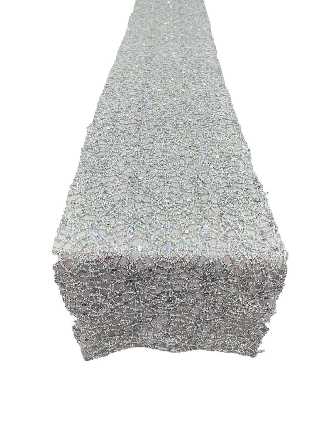 Spider Lace Sequins Table Runner - Silver - 12" x 90" Spider Web Lace Table Runner
