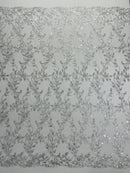 Metallic Thread Leaf Design - Silver - Embroidered Leaf With Sequins Design on Mesh Lace Fabric by the Yard