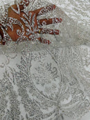 Fancy Damask Glitter Design - Silver - Tulle Mesh with Fancy Damask Designs Sold By Yard