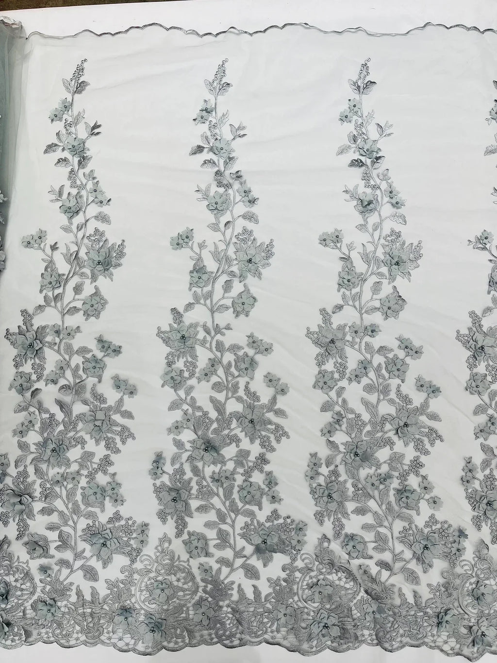 Flower 3D Fabric - Silver - Embroided Fabric Flower Pearls and Leaf Decor Sold by The Yard